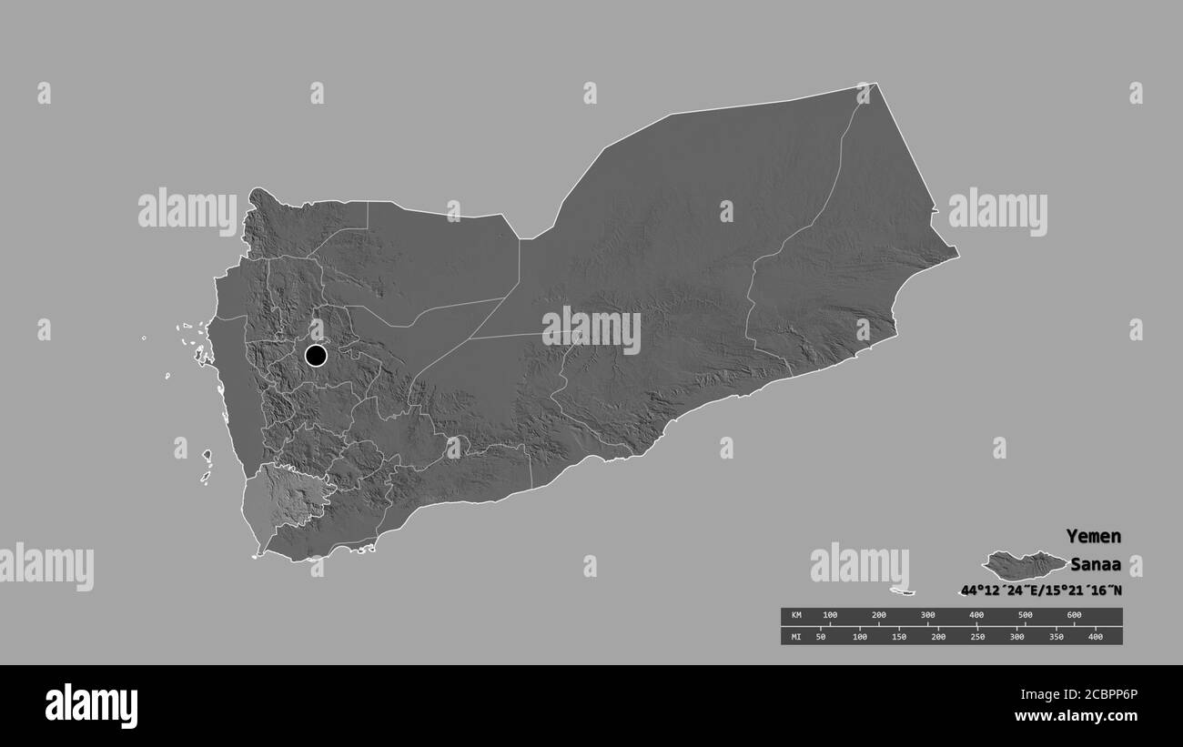 Entsättigte Form des Jemen mit seiner Hauptstadt, der wichtigsten regionalen Teilung und der abgetrennten Ta`izz-Bereich. Beschriftungen. Höhenkarte mit zwei Ebenen. 3D-Rendering Stockfoto